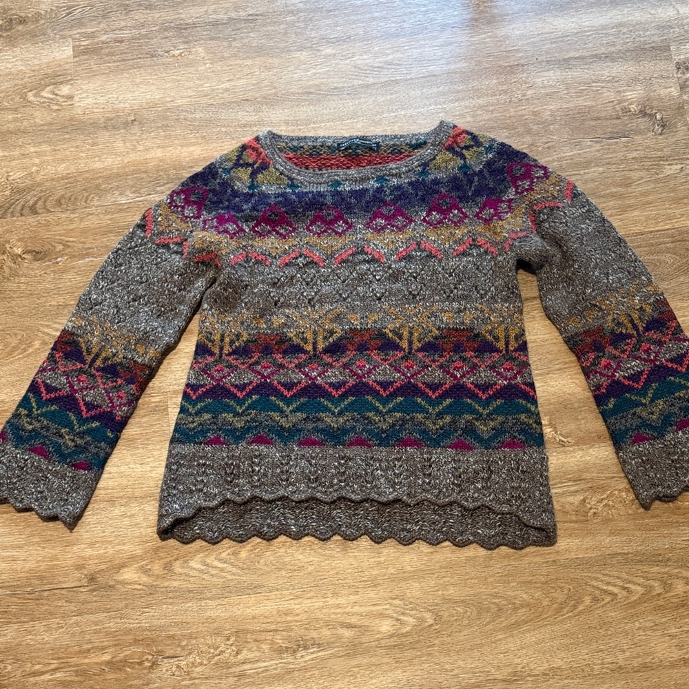 Peruvian Connection Gray and Multicolor Patterned Sweater